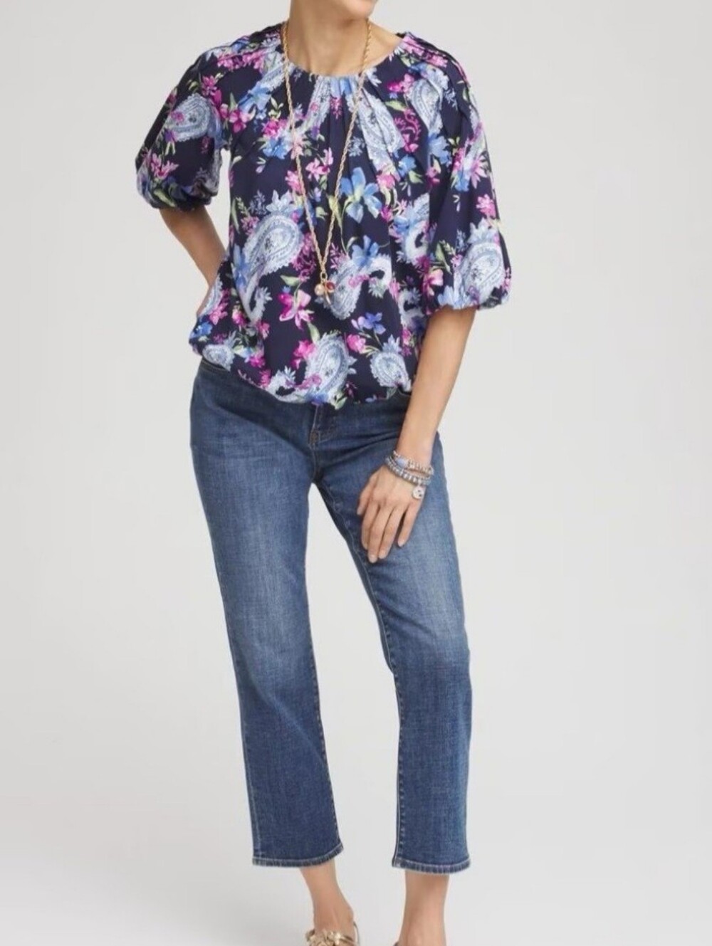 CHICO'S PAISLEY PINTUCK BUBBLE HEM TOP. SIZE 2 = LARGE. BLUE/ PINK. - Picture 3 of 12